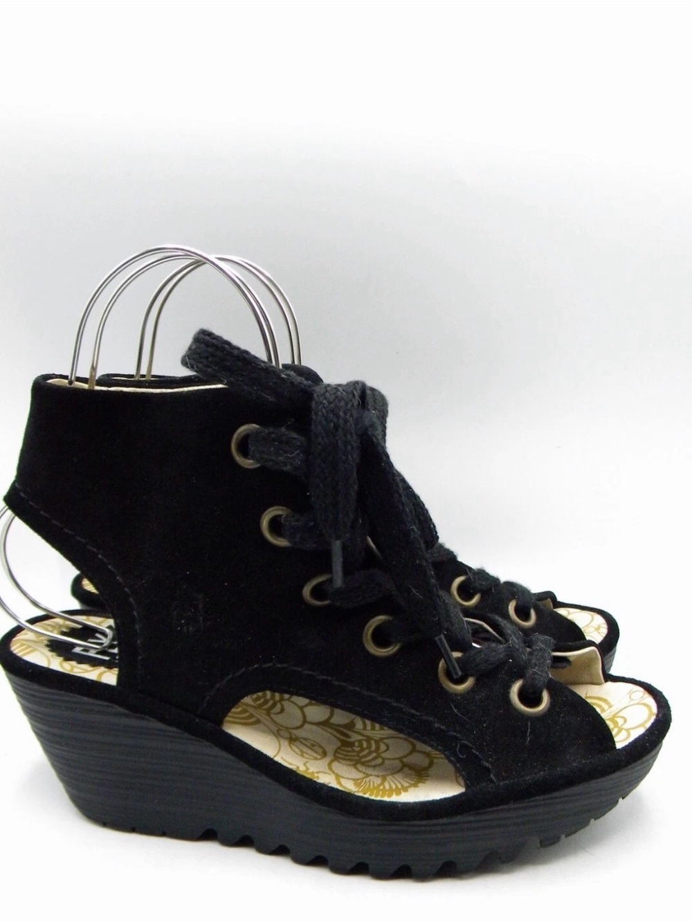 FLY LONDON Yaba Black Suede Wedge Heel Lace Up Sandals Size EU 39